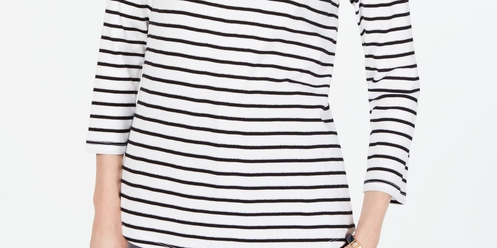 Charter Club Women's Pima Cotton Button Shoulder Stripe Top White Size Small