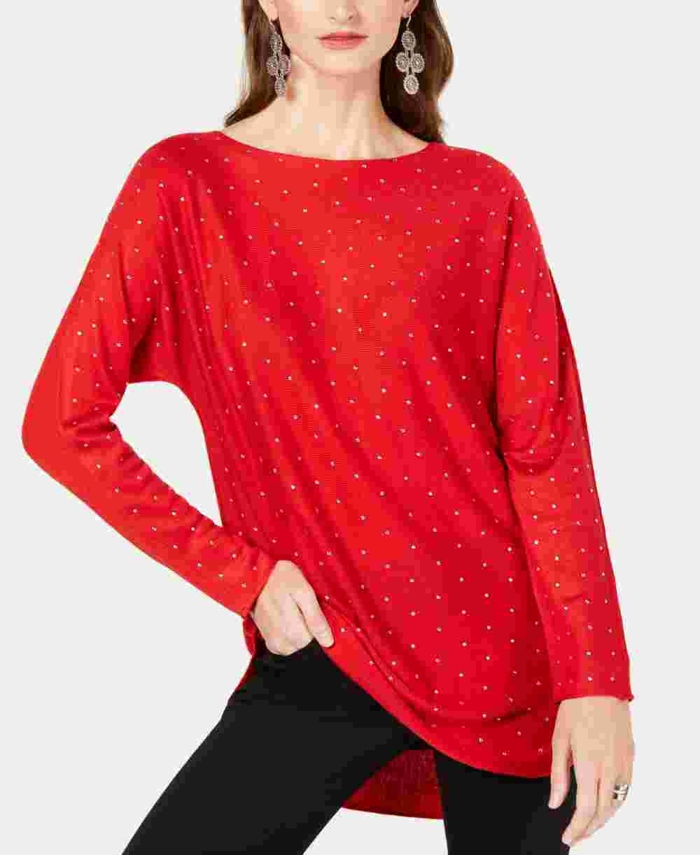 INC International Concepts Women's Embellished Shirttail Sweater Red Size Small