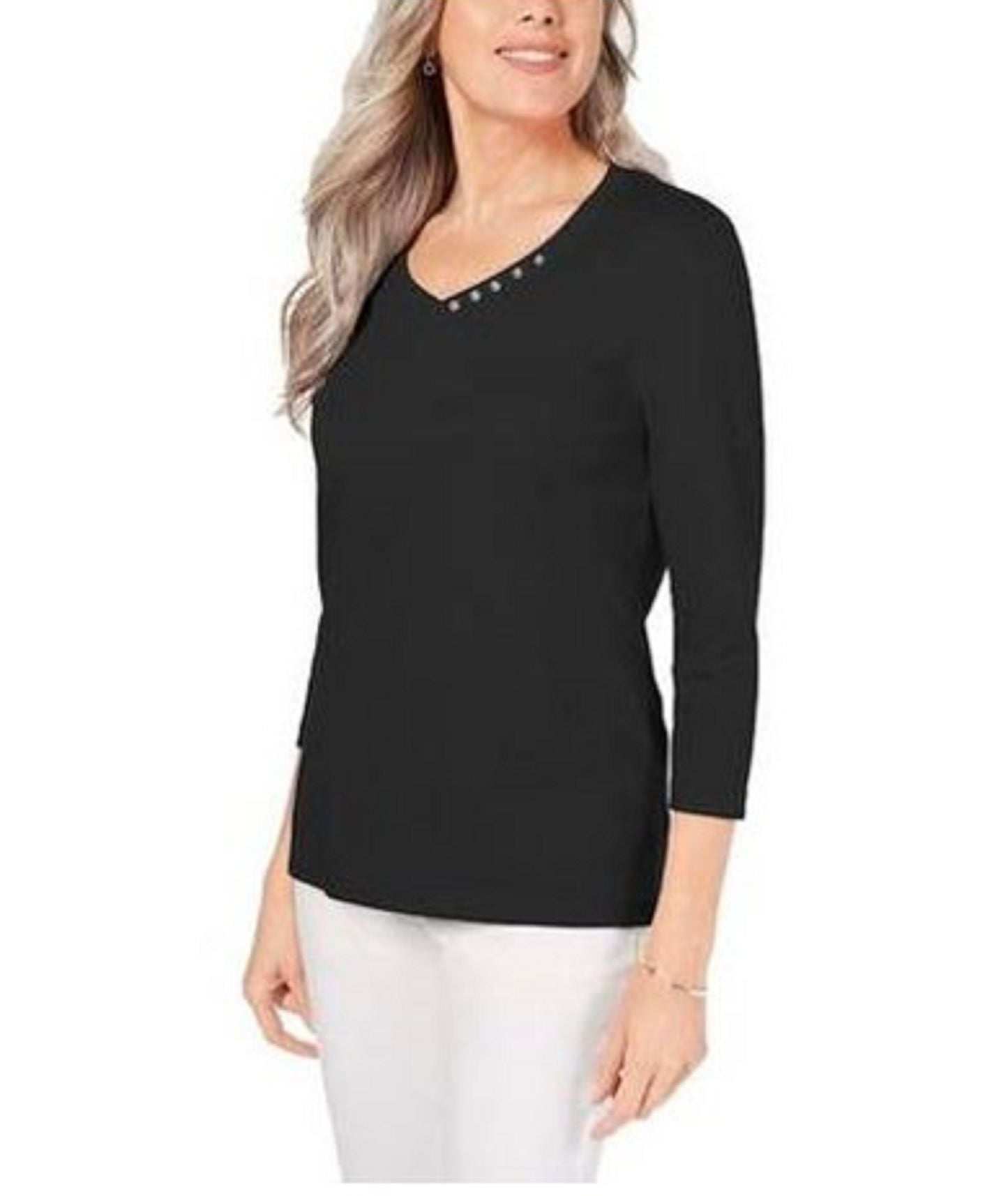 Karen Scott Women's Cotton Button-Trim Top  Black Size Small