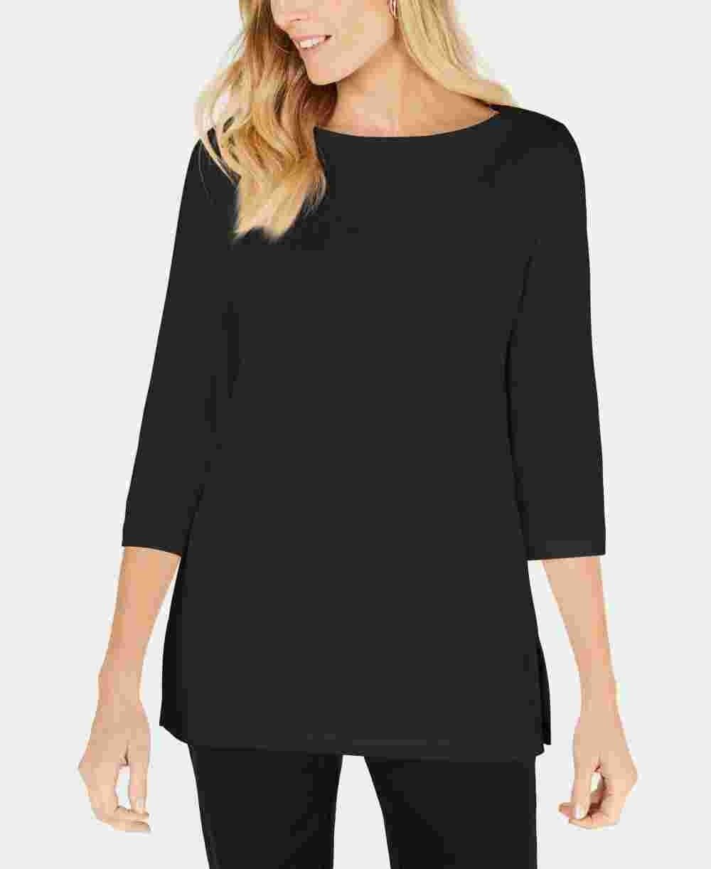 Karen Scott Women's Cotton Boat-Neck 3/4-Sleeve Knit Top Black Size Small