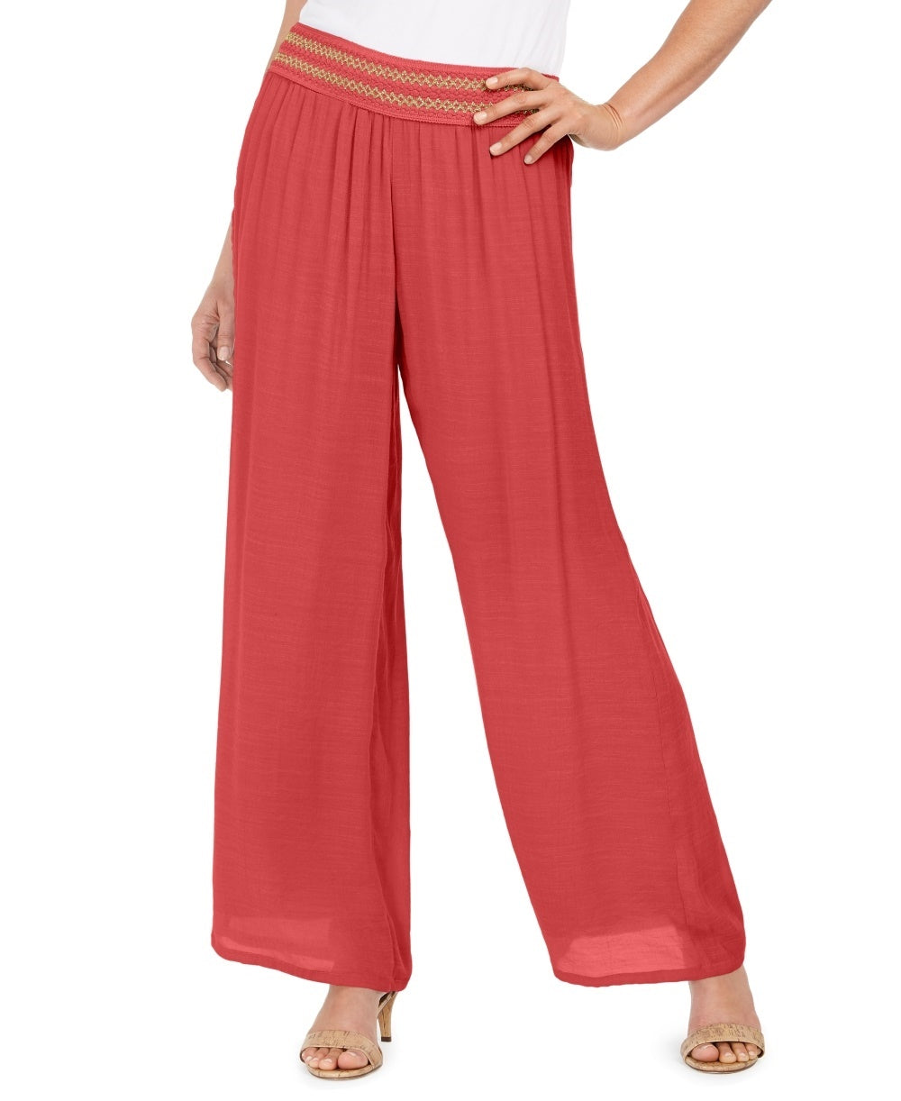 JM Collection Women's Metallic-Detail Wide-Leg Gauze Pants Orange Size Large
