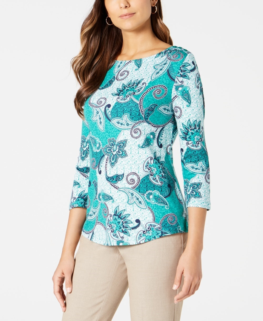 Charter Club Women's Printed Cotton 3/4-Sleeve Top Green Size X- Large