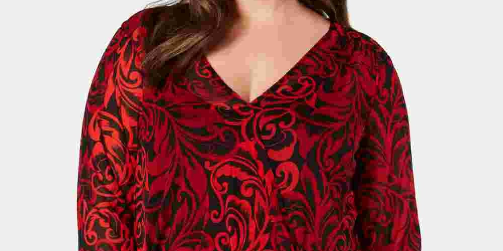 INC International Concepts Women's Blouse Surplice Scroll Print Sheer Illusion Red Size 0X