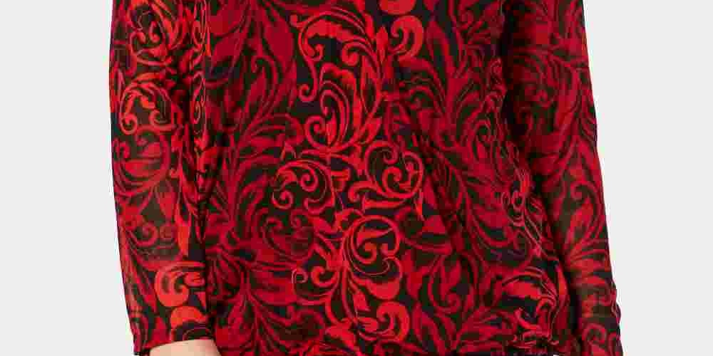 INC International Concepts Women's Blouse Surplice Scroll Print Sheer Illusion Red Size 0X