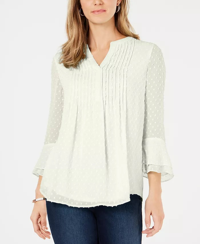 Charter Club Women's Double-Ruffle Textured Pintuck Top White Size Medium