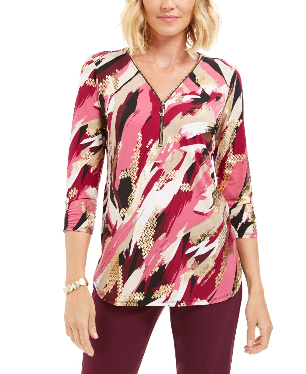 JM Collection Women's Zip Print Top Purple Size Small