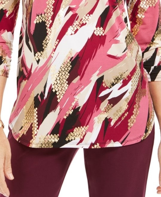 JM Collection Women's Zip Print Top Purple Size Small