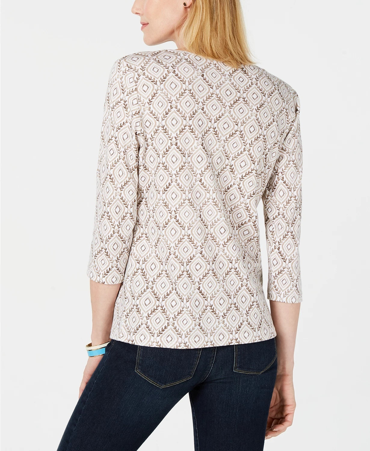 Karen Scott Women's Vine-Print 3/4-Sleeve Top Beige Size Large