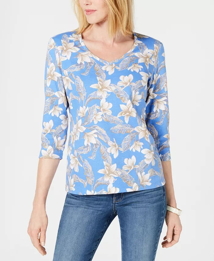 Karen Scott Women's Floral Print V Neck Top Blue Size Small