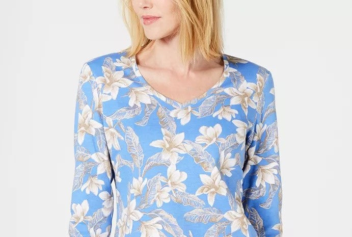 Karen Scott Women's Floral Print V Neck Top Blue Size Small