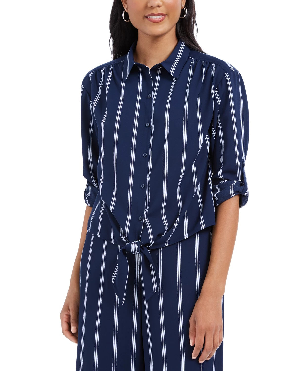 Charter Club Women's Striped Tie Front Shirt Blue Size X-Large