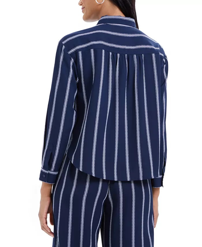 Charter Club Women's Striped Tie Front Shirt Blue Size X-Large