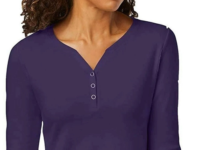Karen Scott Women's Petite Cotton Henley Shirt Purple Size Petite Large