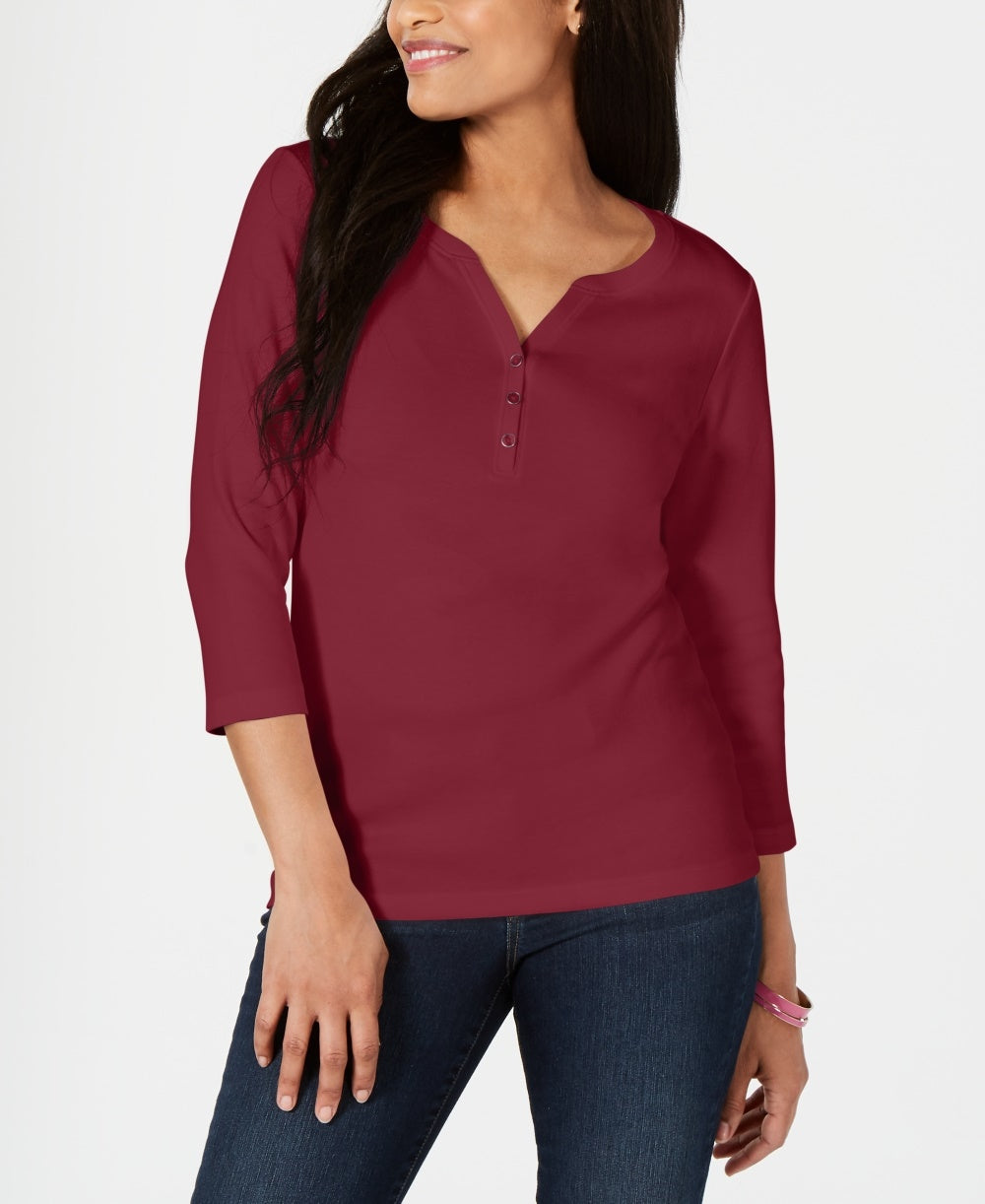 Karen Scott Women's Petite Cotton Henley Shirt  Red Size Petite Small-Medium