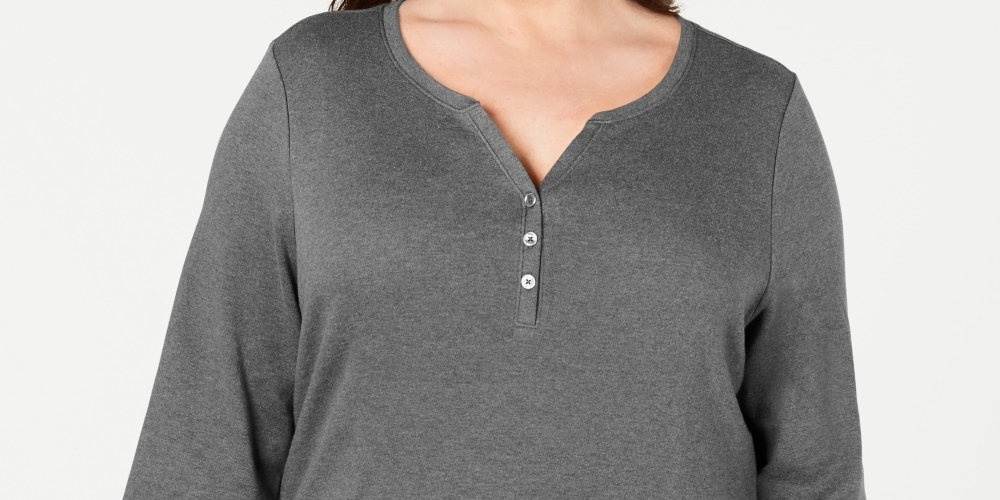 Karen Scott Women's Plus Size Cotton Split-Neck Top Charcoal Size 0X