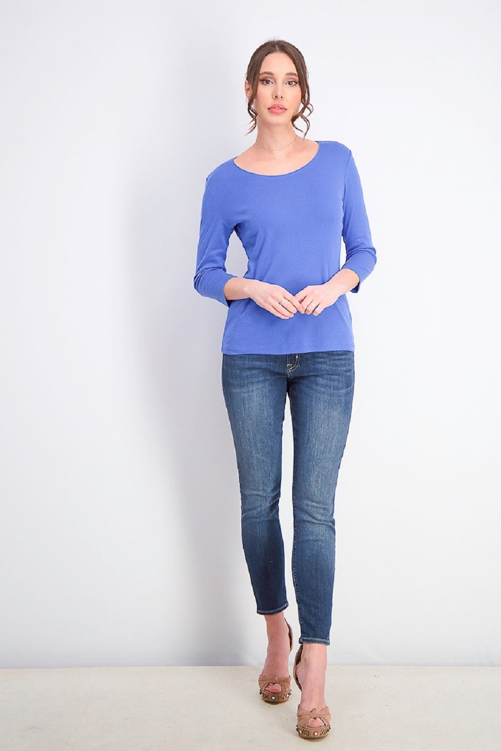 Karen Scott Women's Cotton 3/4 Sleeve Top Blue Size Small