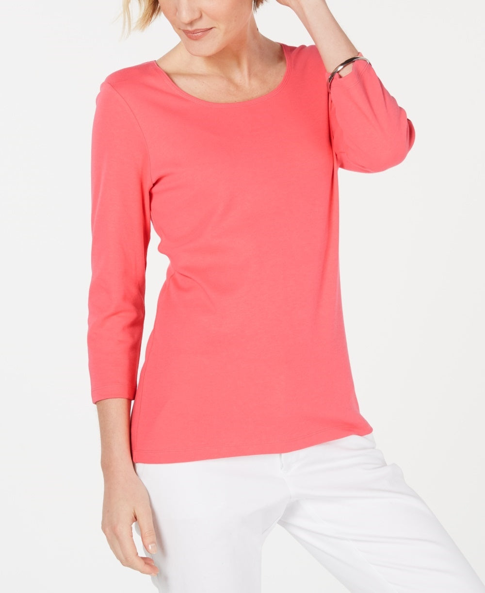 Karen Scott Women's Cotton 3/4-Sleeve Top Orange Size Medium