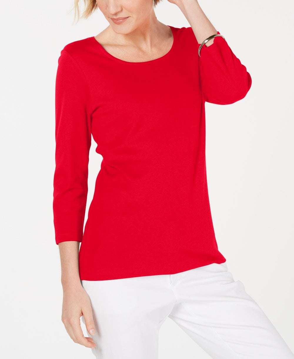 Karen Scott Women's Cotton Scoop Neck Top Red Size Petite Medium