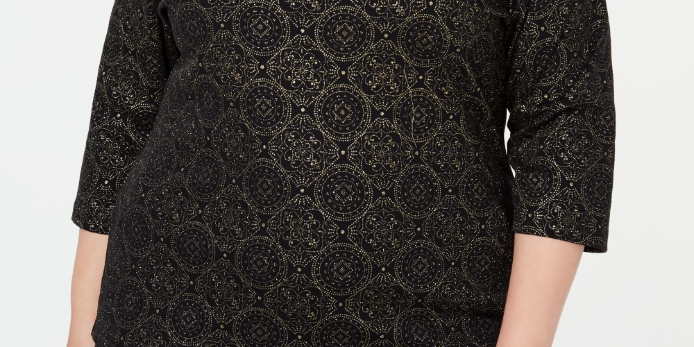 Karen Scott Women's Printed 3-4-Sleeve Top Black Size 0X