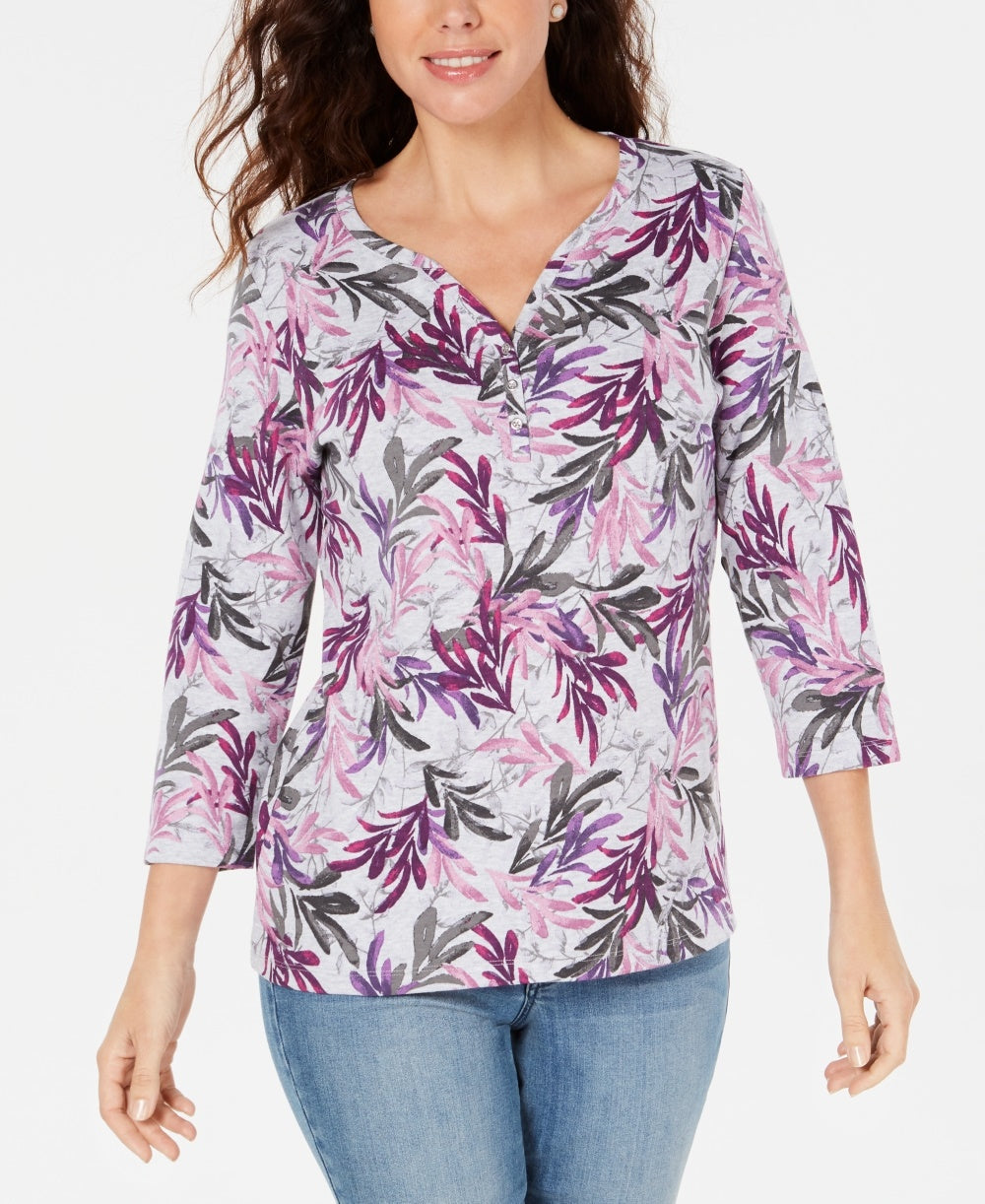 Karen Scott Women's Printed Henley Grey Size Petite Large