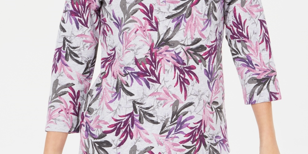 Karen Scott Women's Printed Henley Grey Size Petite Large