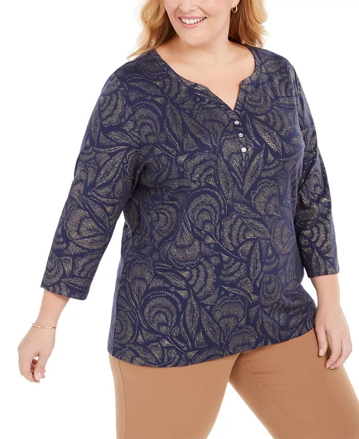 Karen Scott Women's Plus Size Printed Henley Top Blue Size 0X
