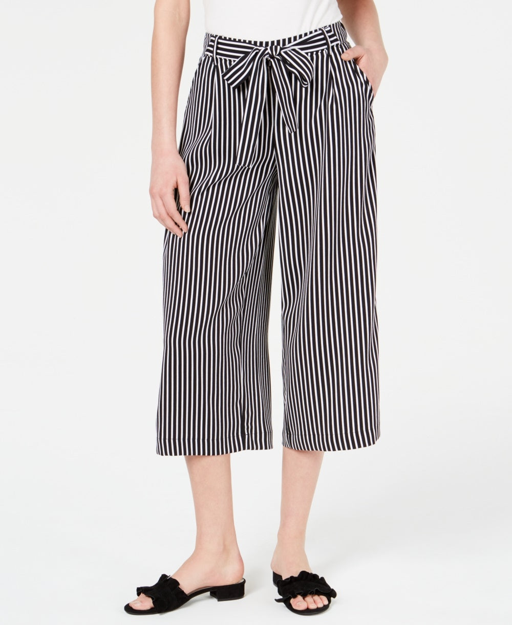 Maison Jules Women's Striped Wide-Leg Tie-Front Capri Pants Black Size X-Small