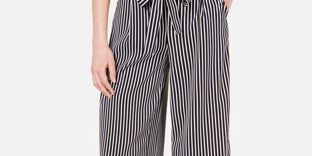 Maison Jules Women's Striped Wide-Leg Tie-Front Capri Pants Black Size X-Small