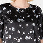 Alfani Women's Floral Print Satin Smocked Shoulder Top Black Size Large