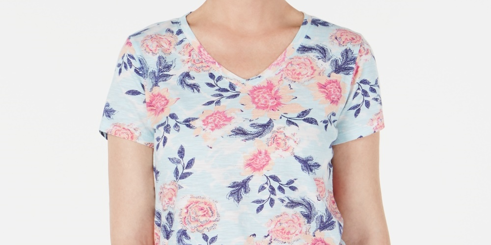 Style & Co Women's Printed V Neck T-Shirt White Size Petite Petite