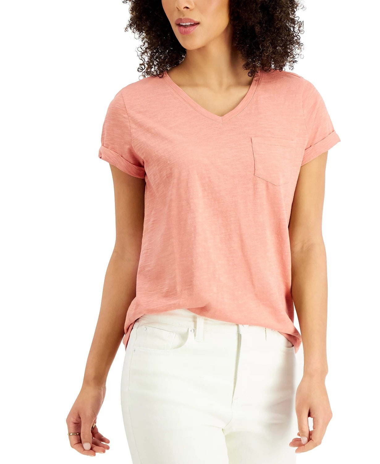 Style & Co Women's Petite Cotton Printed V-Neck T-Shirt Orange Size Petite Small