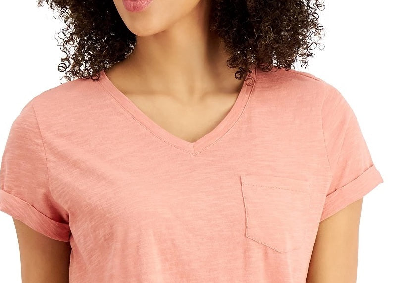 Style & Co Women's Petite Cotton Printed V-Neck T-Shirt Orange Size Petite Small