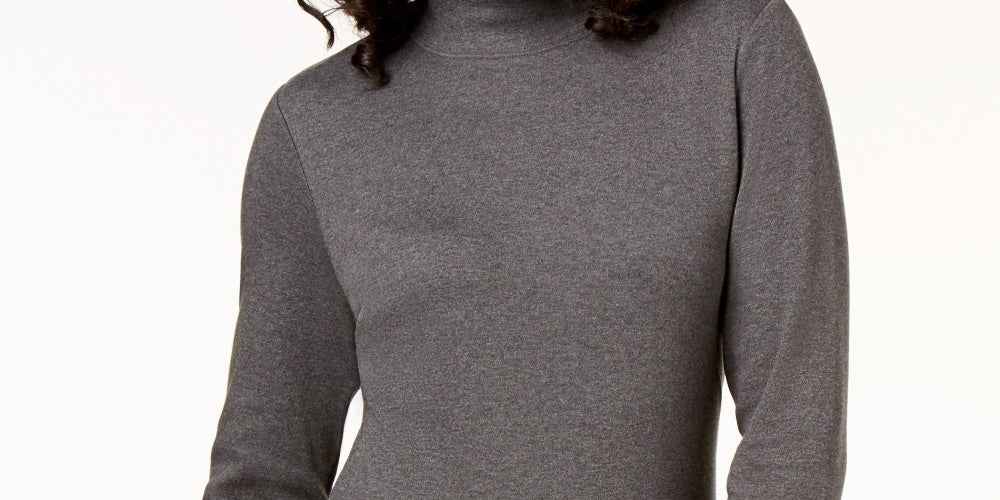 Karen Scott Women's Petite Long-Sleeve Mock-Neck Cotton Top Charcoal Size Large