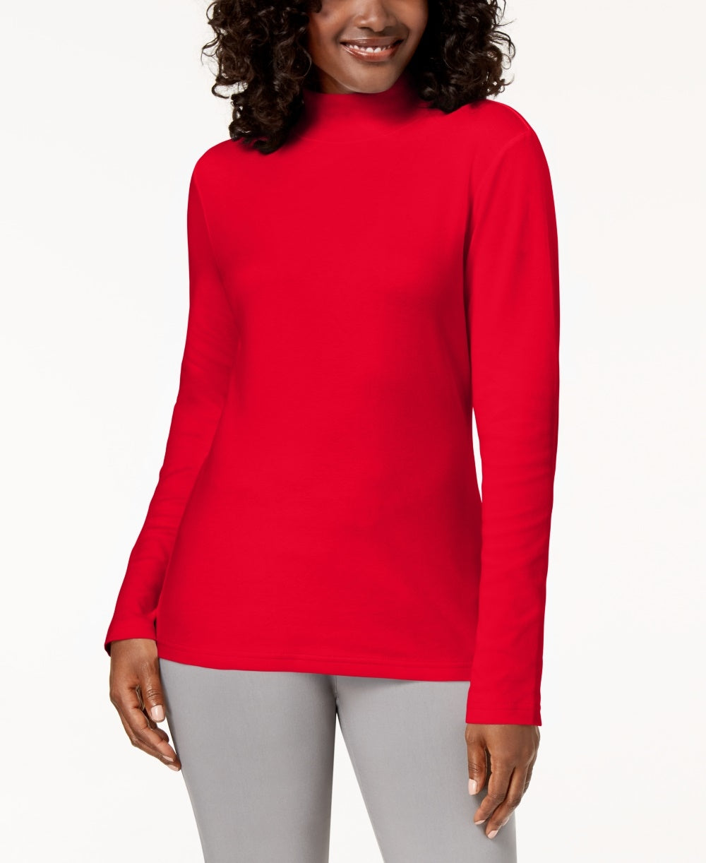 Karen Scott Women's Long Sleeve Mock Neck Cotton Top Red Size Petite Small