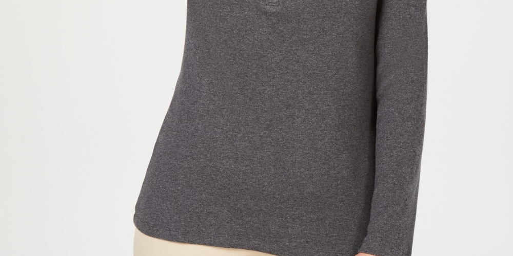 Karen Scott Women's Cotton Henley Neck Top  Charcoal Size Petite Large