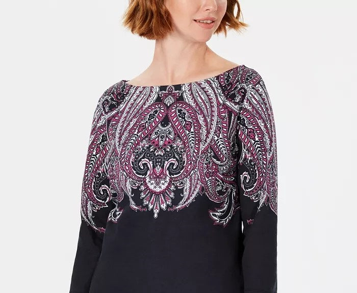 Karen Scott Women's Lile Paisley Boat-Neck Top  Black Size Large