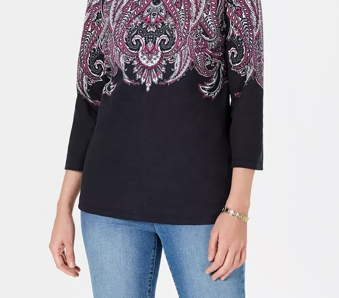 Karen Scott Women's Lile Paisley Boat-Neck Top  Black Size Large
