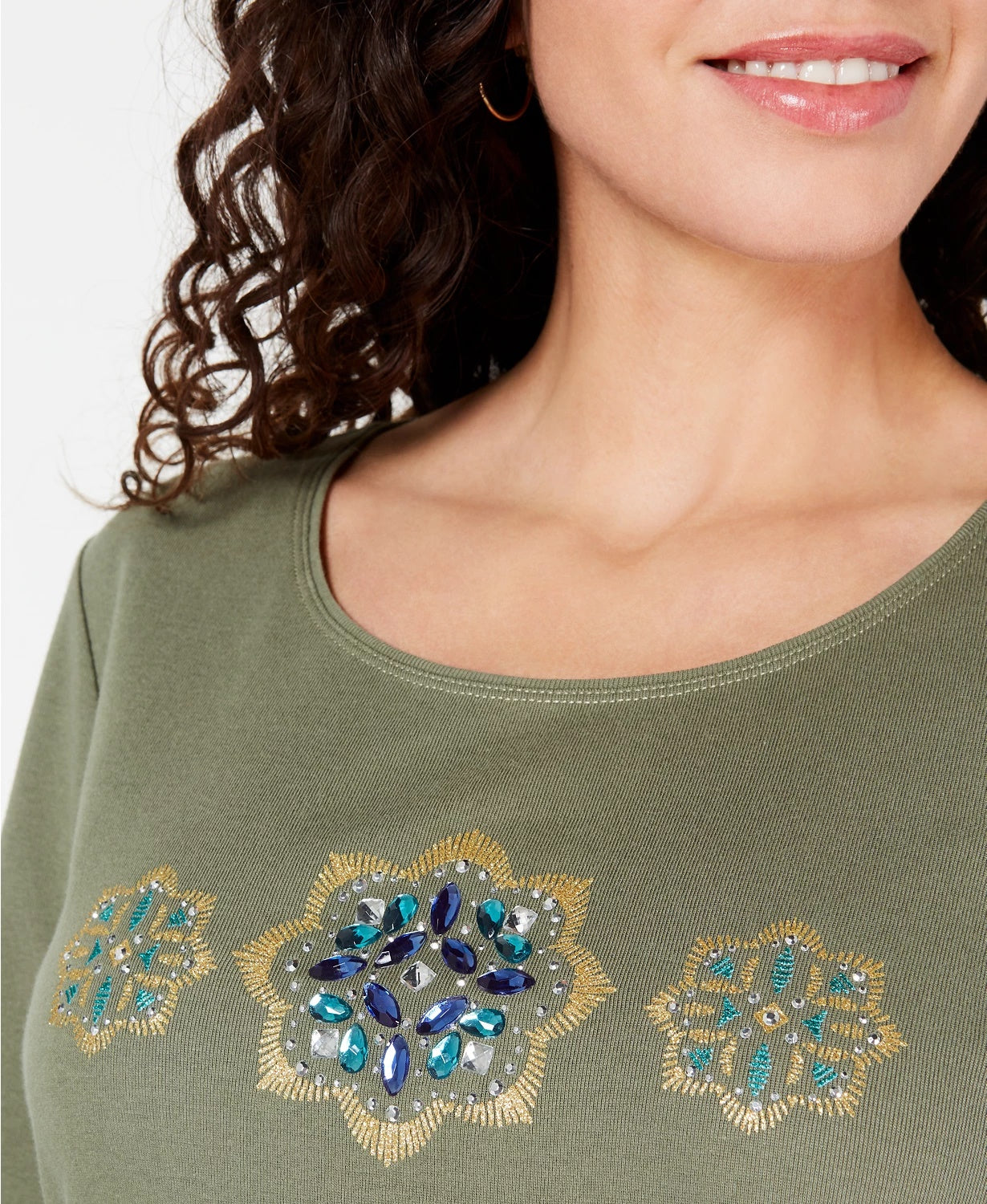 Karen Scott Women's Petite Rhinestone-Embellished Cotton Top Green Size Petite Large