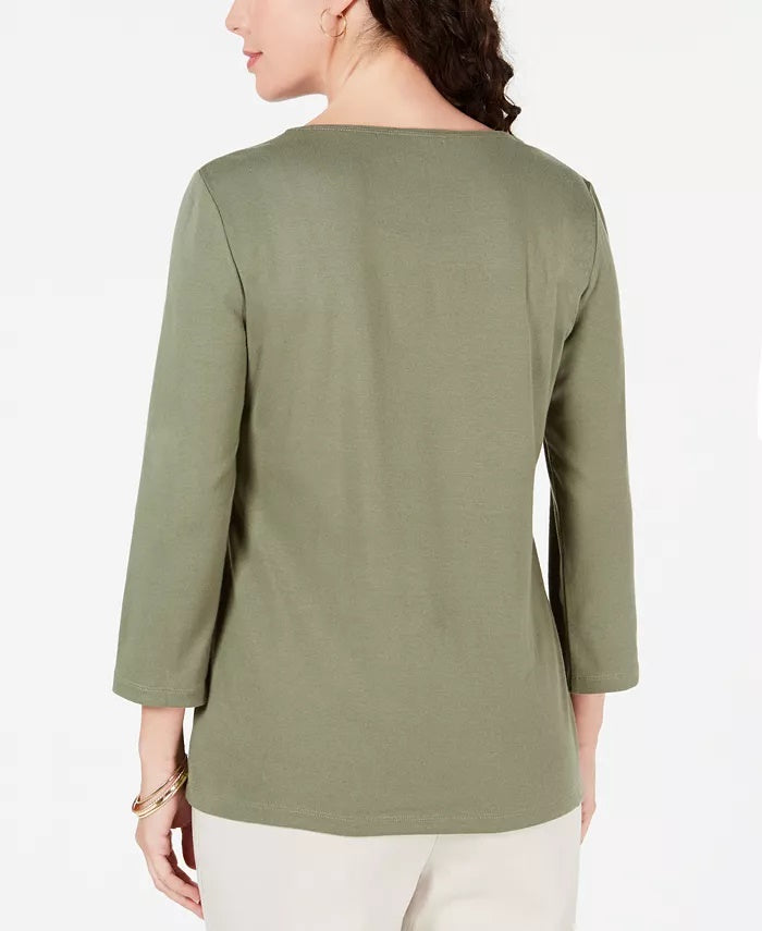 Karen Scott Women's Petite Rhinestone-Embellished Cotton Top Green Size Petite Large