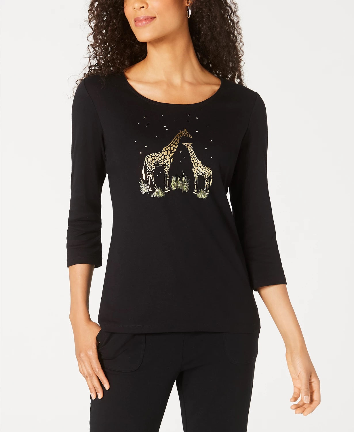 Karen Scott Women's Foil-Printed Cotton Top Black Size Small