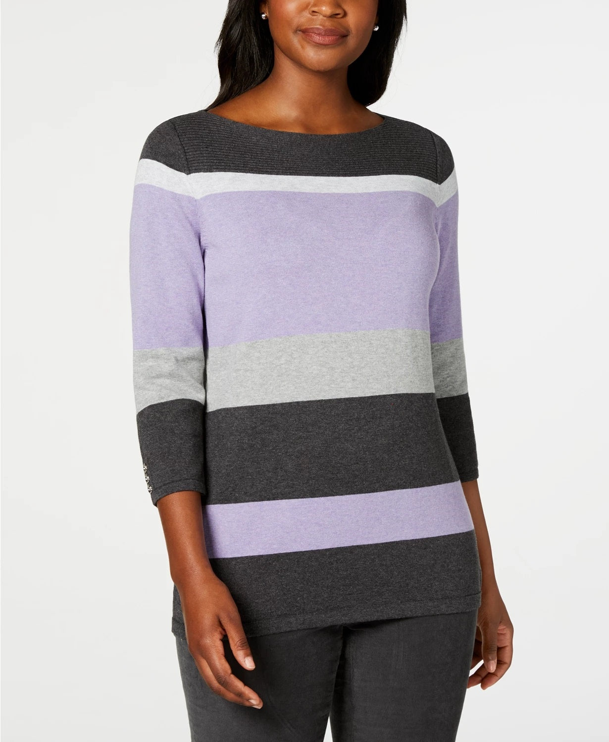 Karen Scott Women's Striped Boatneck Sweater Black Size Medium