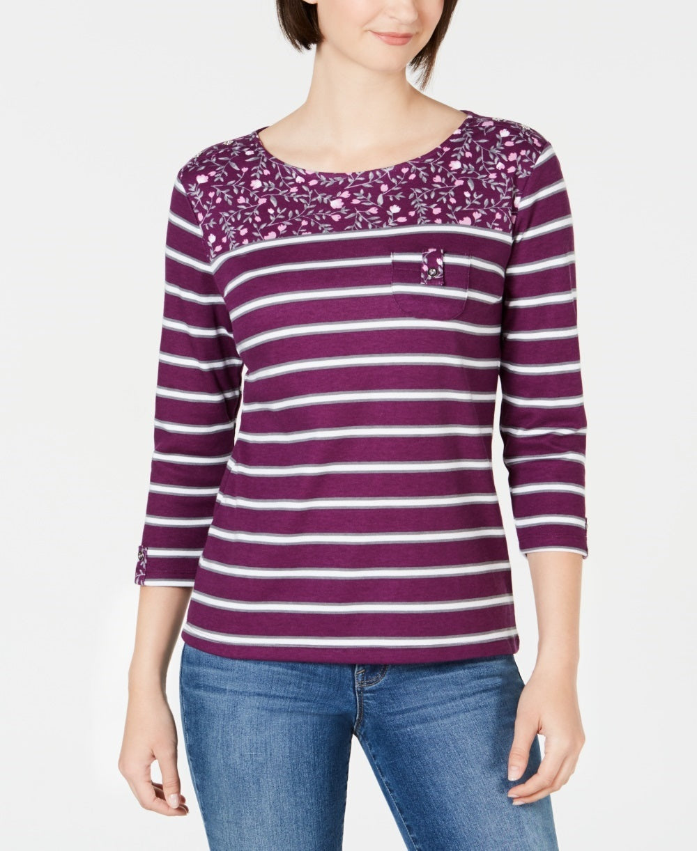 Karen Scott Women's Floral Yoke Striped Top Red Size Medium