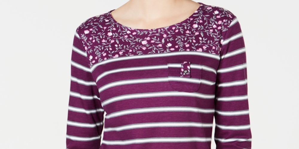 Karen Scott Women's Floral Yoke Striped Top Red Size Medium