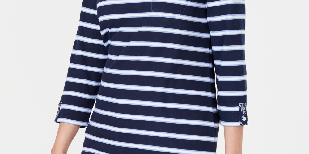 Karen Scott Women's Ditsy Floral & Striped Pocket Top Navy Size Petite Small