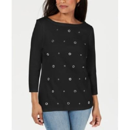 Karen Scott Women's Cotton Grommet Top Black Size Small