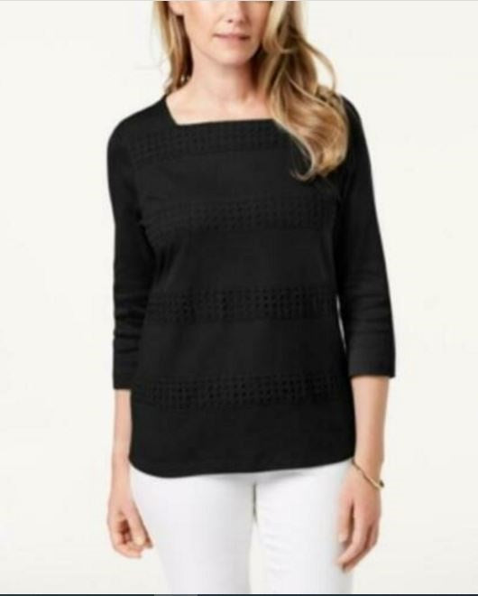 Karen Scott Women's Square Neck Lace Stripe Top  Black Size Medium