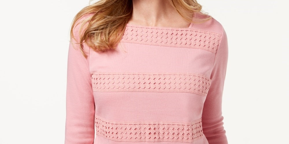 Karen Scott Women's Square Neck Lace Stripe Top Pink Size X-Large