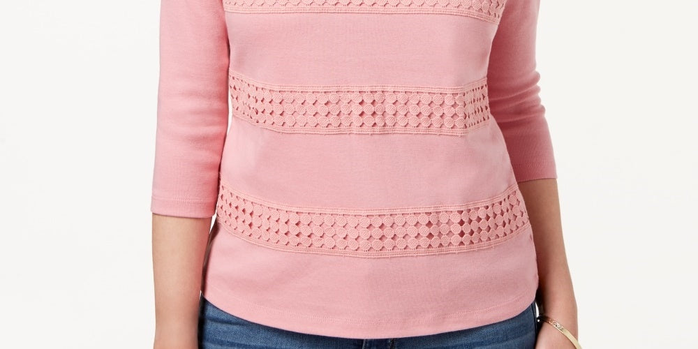 Karen Scott Women's Square Neck Lace Stripe Top Pink Size X-Large
