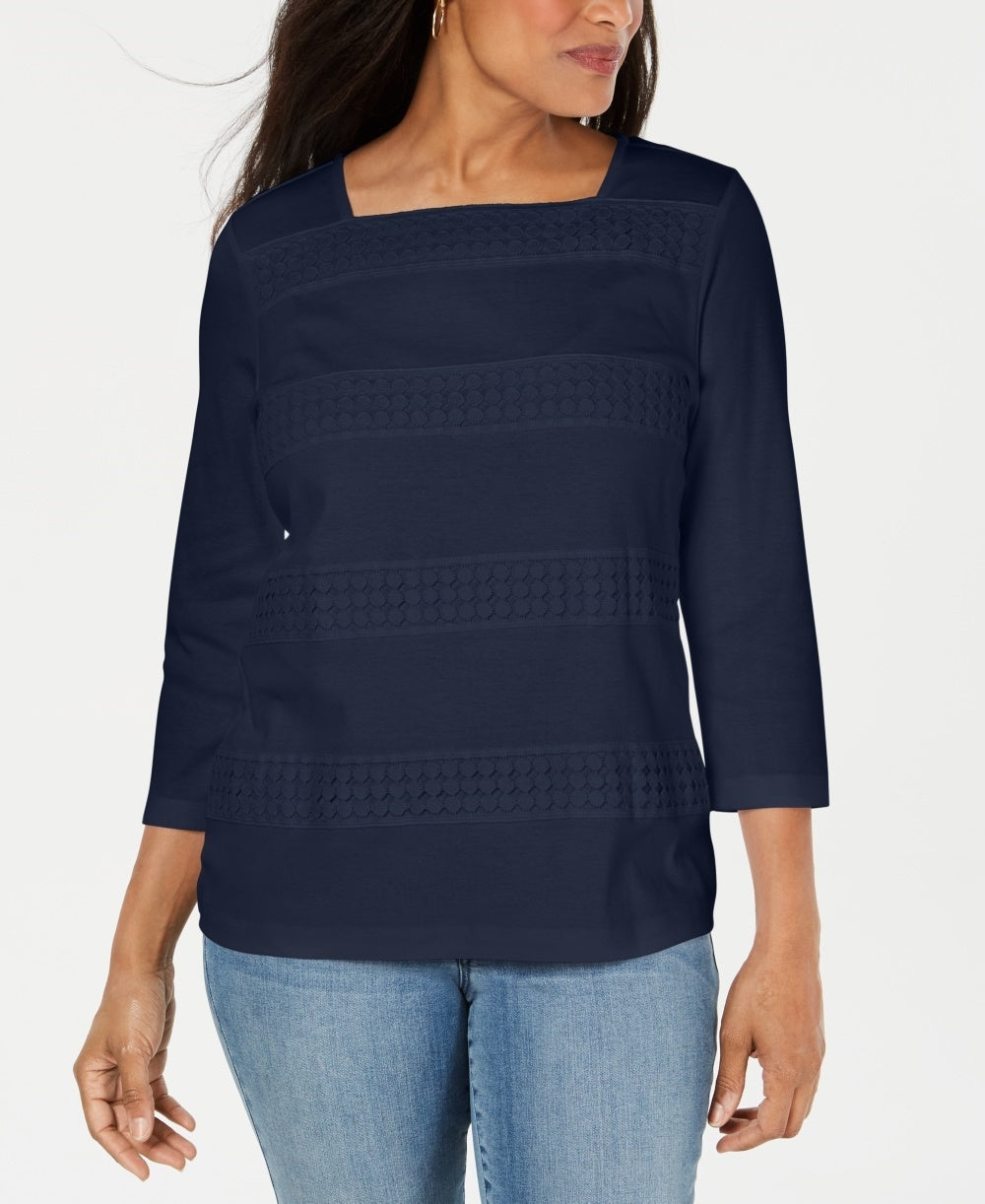 Karen Scott Women's Lace Square Neck 3/4 Sleeve Top Navy - Size Petite Medium