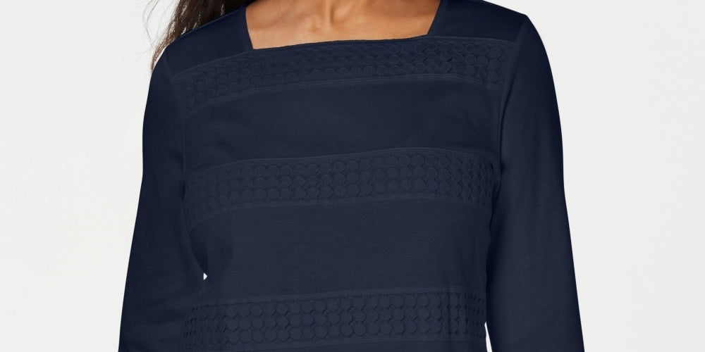 Karen Scott Women's Lace Square Neck 3/4 Sleeve Top Navy - Size Petite Medium